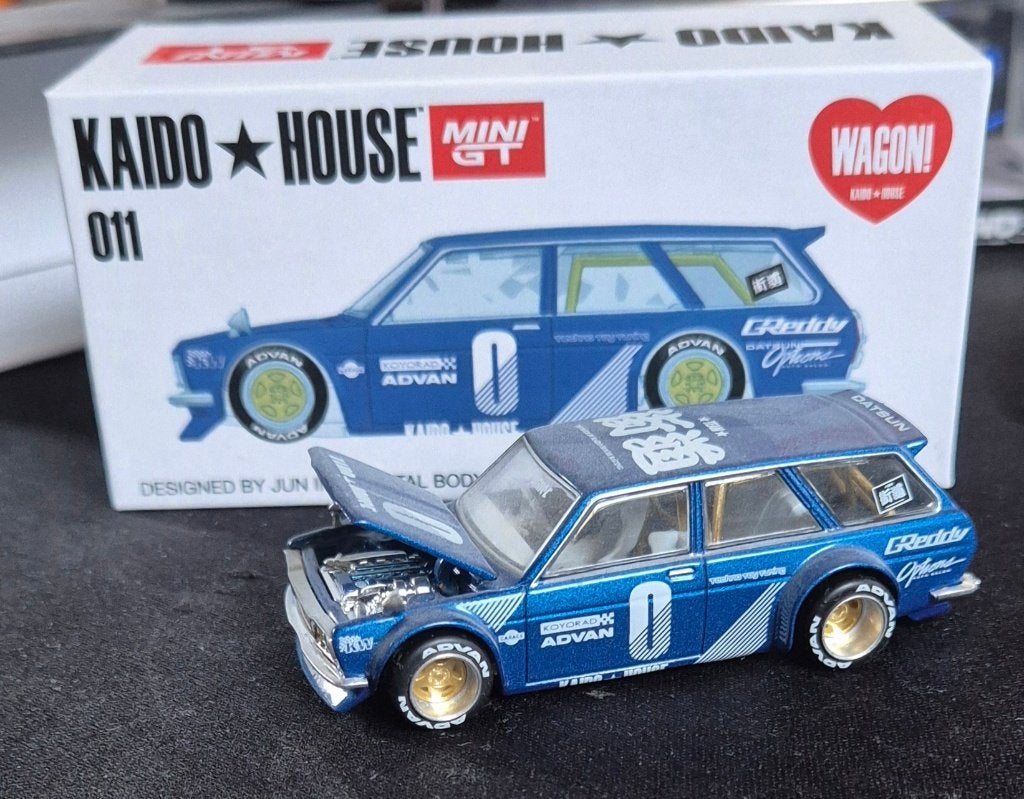 Mini GT x Kaido House Datsun KAIDO 510 Wagon Blue, Ophalen of Verzenden, Zo goed als nieuw, Auto