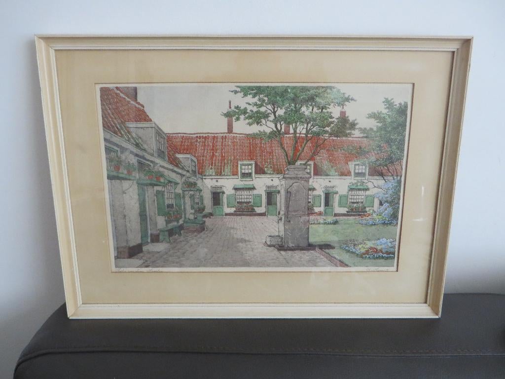 Oude kleur ets, hofje stad Haarlem, gesigneerd Van Hemert, Antiek en Kunst, Kunst | Etsen en Gravures, Handgekleurd, Ets, Stadsgezicht