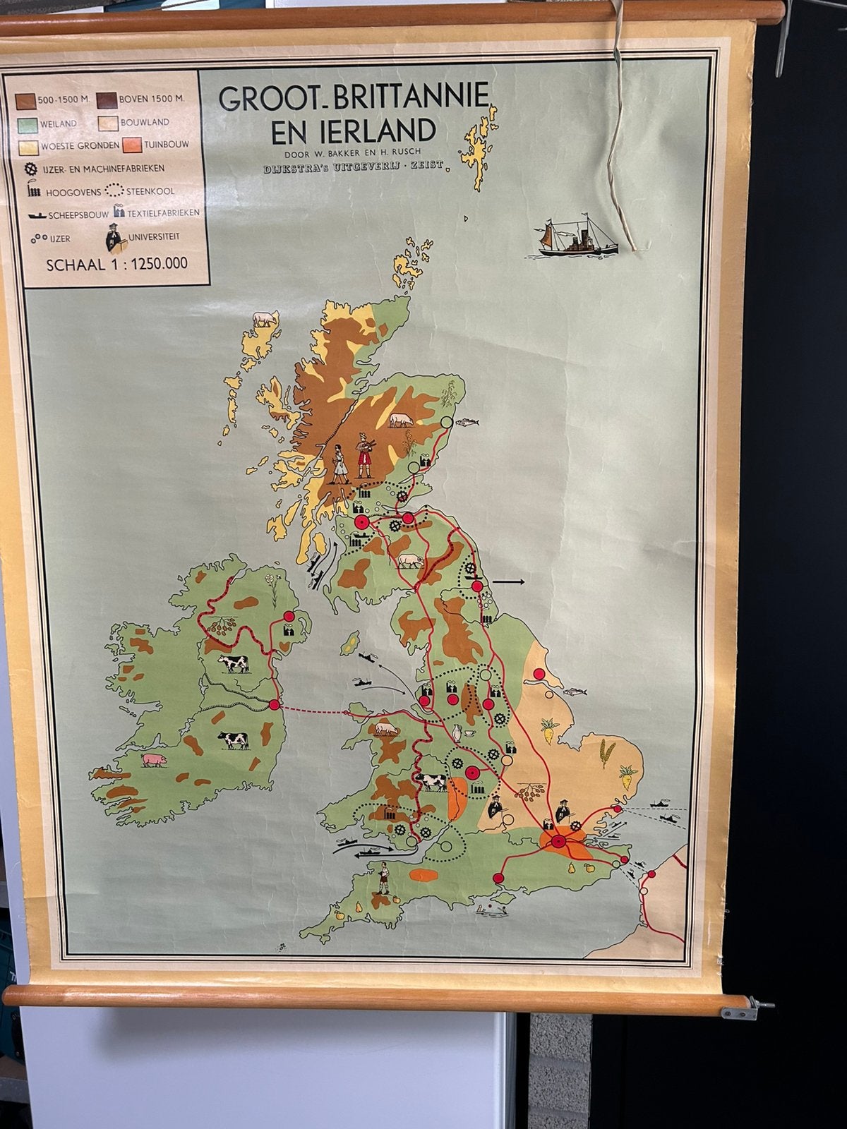 Oude school landkaart Groot-Brittanie en Ierland, Boeken, Ophalen of Verzenden, Gelezen, 1800 tot 2000, Landkaart
