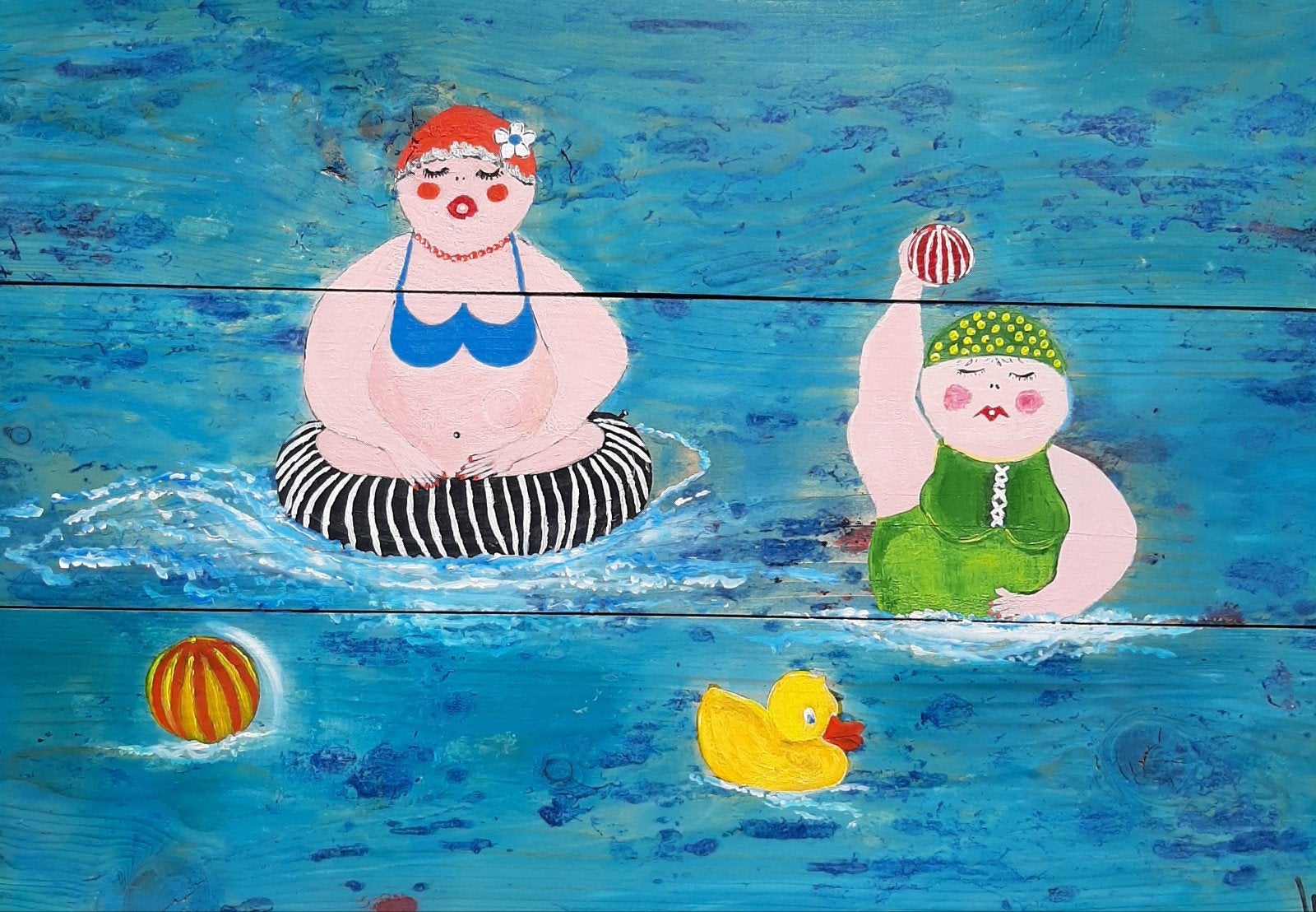 Schilderij op hout Dikke Dames in zwembad in vrolijk acryl, Ophalen of Verzenden