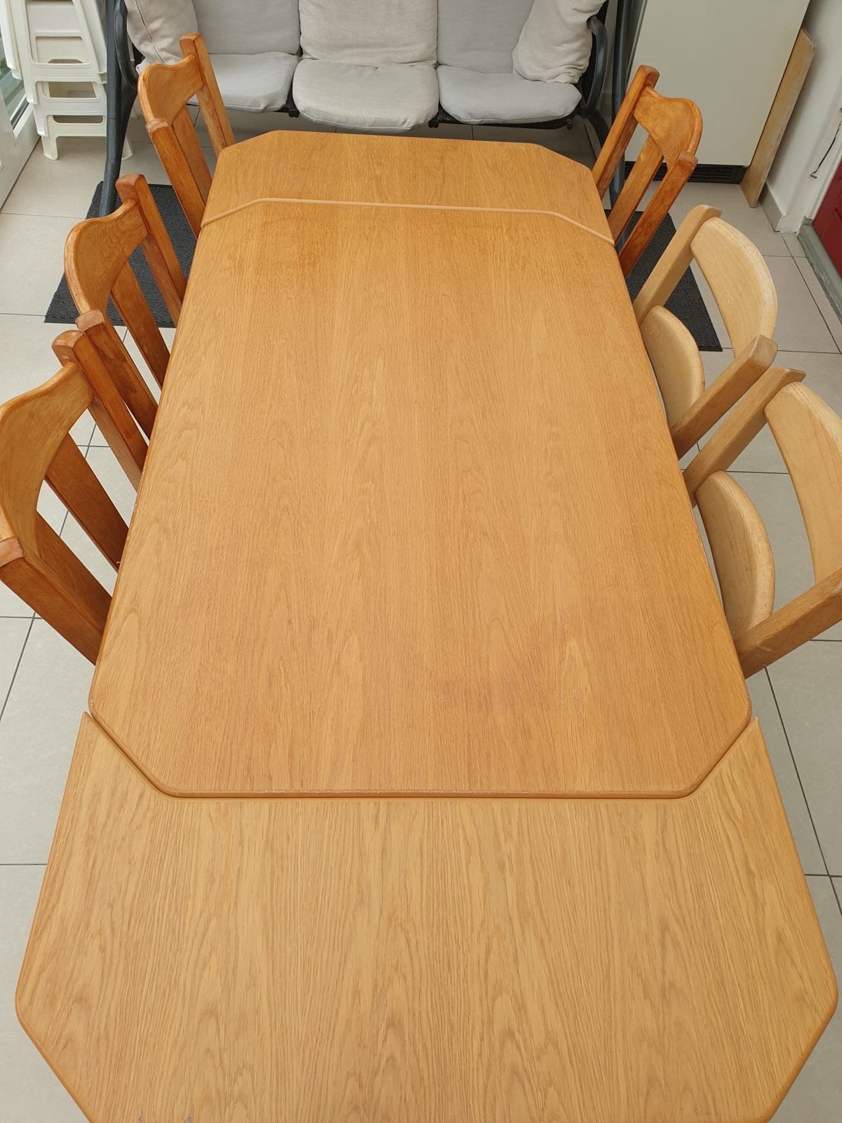 Groot Uitschuifbare eettafel eiken met 6 stoelen, Ophalen, Gebruikt, 100 tot 150 cm, 200 cm of meer