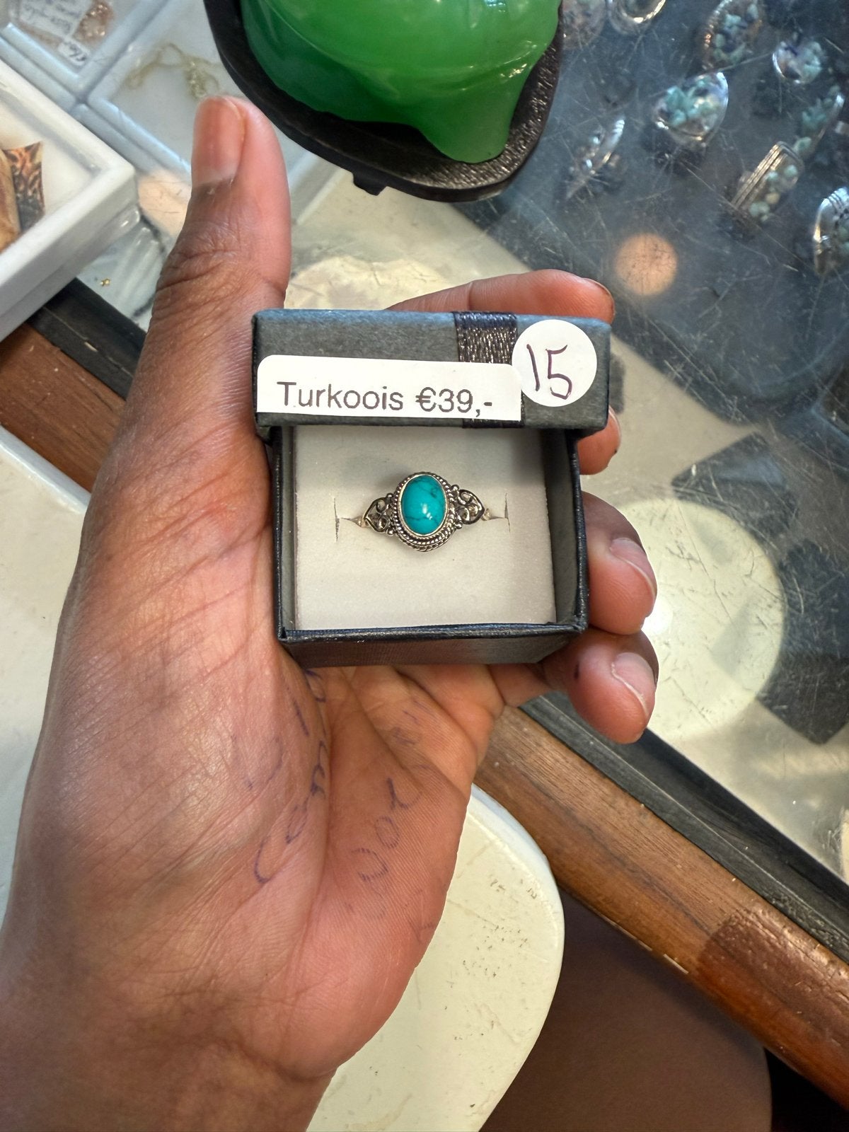 Zilveren ring met turkoois steen, Ophalen, Gebruikt, Blauw, X