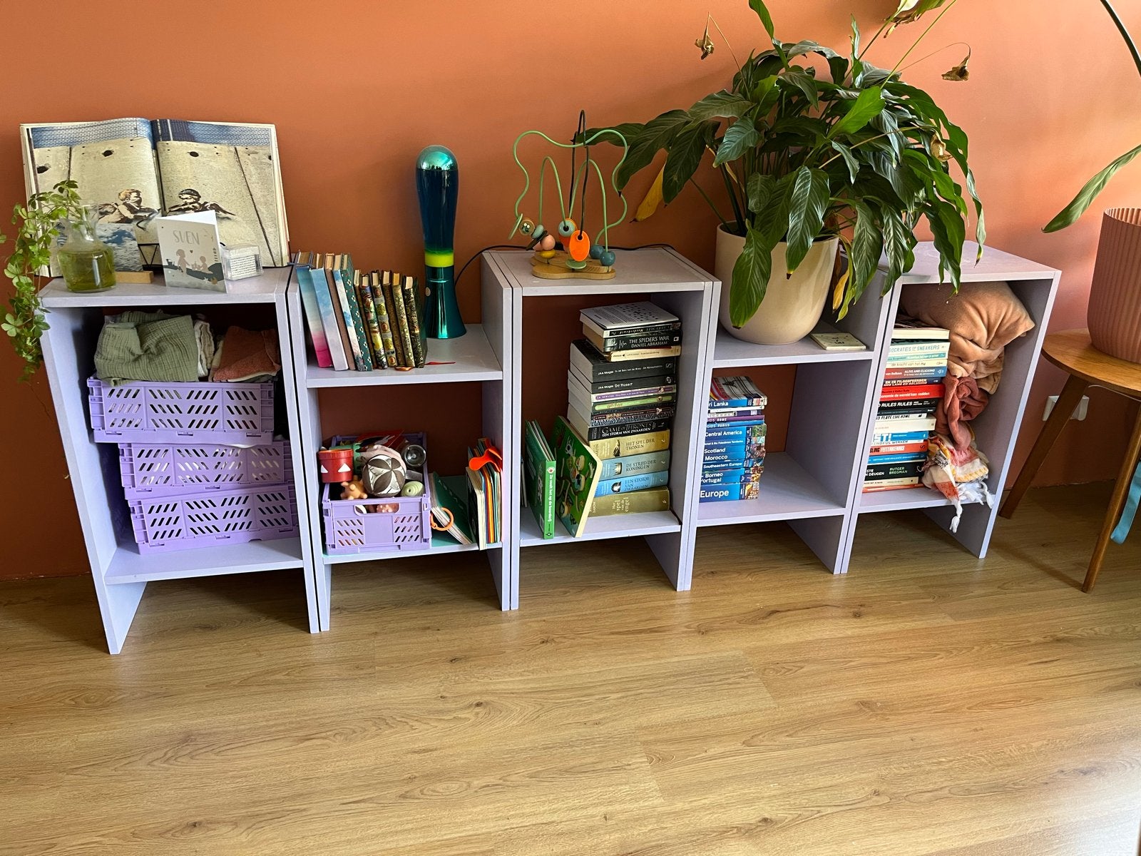 Uniek zelfgemaakt lila en mintgroen modulair kastensysteem, Ophalen, Met plank(en), Gebruikt, 200 cm of meer