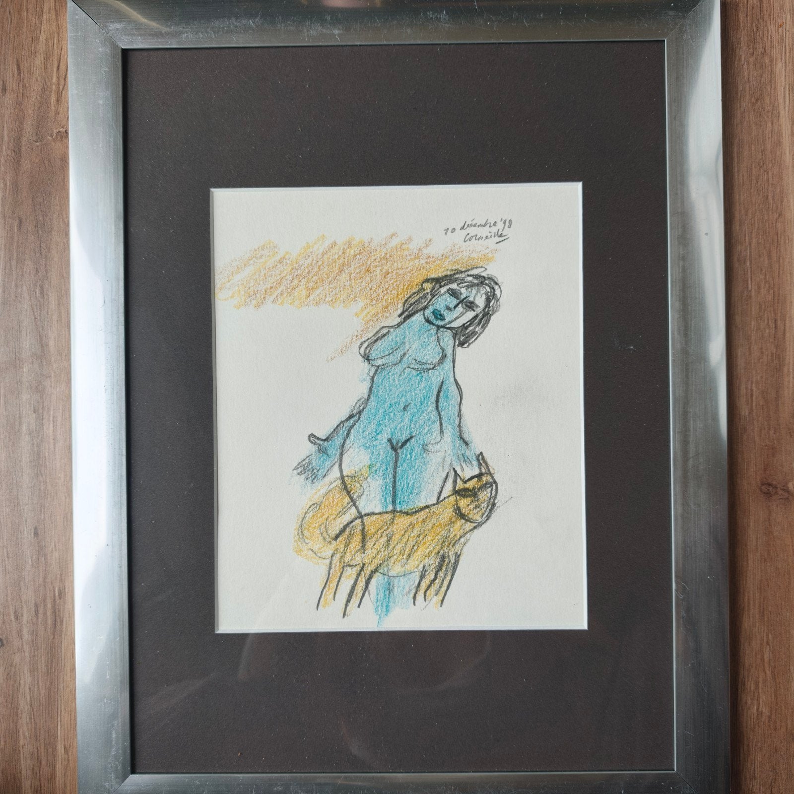 Corneille - Naakt met kat - Originele tekening, Ophalen of Verzenden, Tekening, Krijttekening, Ingelijst
