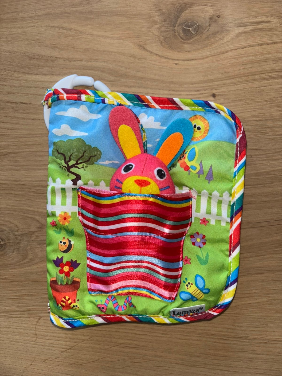 Lamaze stoffen boekje konijn met een rammeltje+knispertjes, Ophalen of Verzenden, Zo goed als nieuw, Overige typen