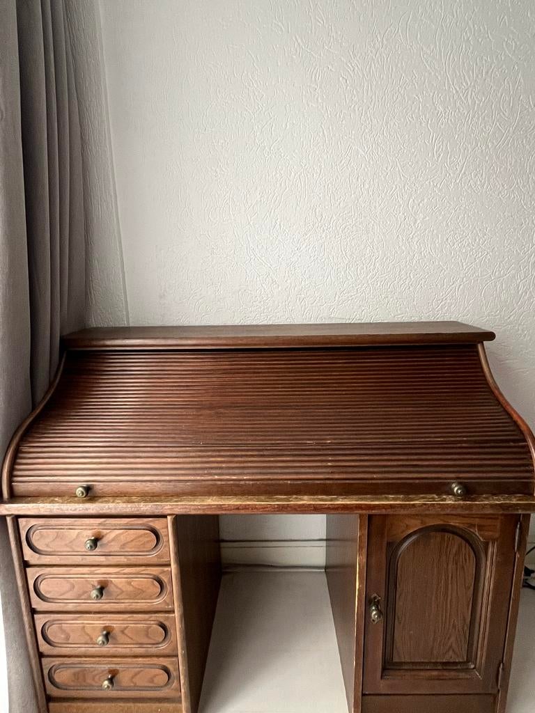 Vintage Rolbureau - Klassiek Houten Bureau met Lades, Huis en Inrichting, Bureaus, Ophalen, Gebruikt, Secretaire, Bruin