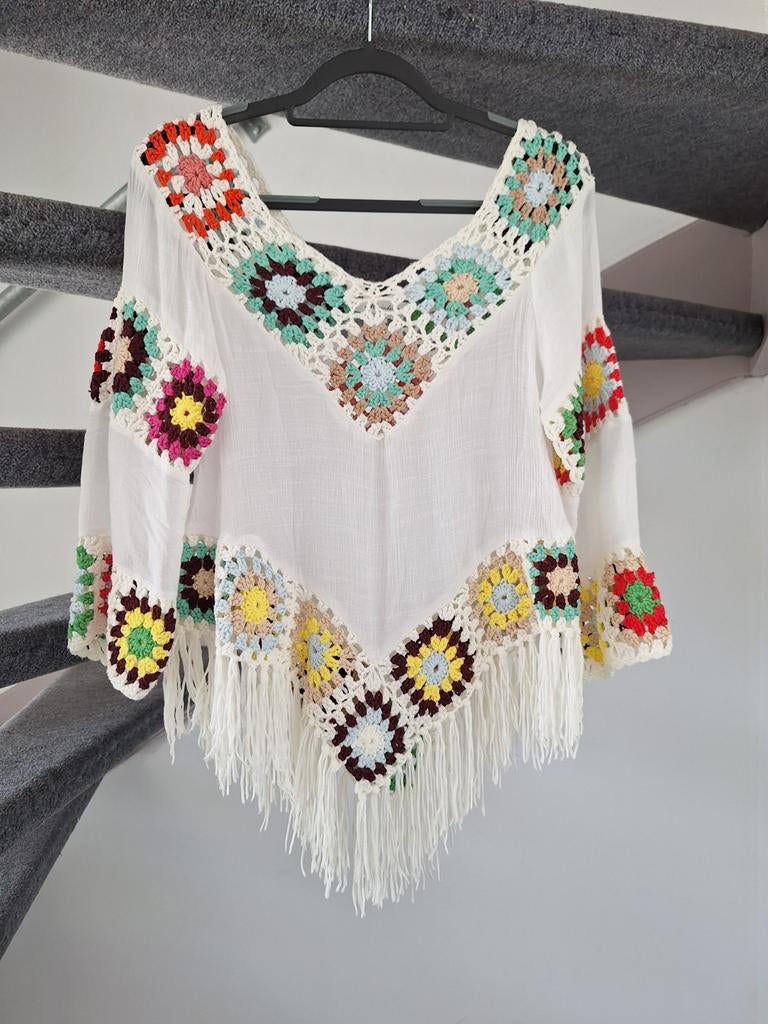 Boho Hippie Blouse met Gehaakte Details en Franjes S/M, Wit, Ophalen of Verzenden, Lange mouw, Maat 36 (S)