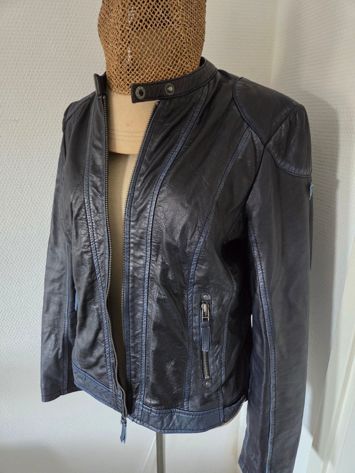 Patago Leren Jas Zwart/Blauw Maat XL, Verzenden, Maat 46/48 (XL) of groter, Zo goed als nieuw, Patago