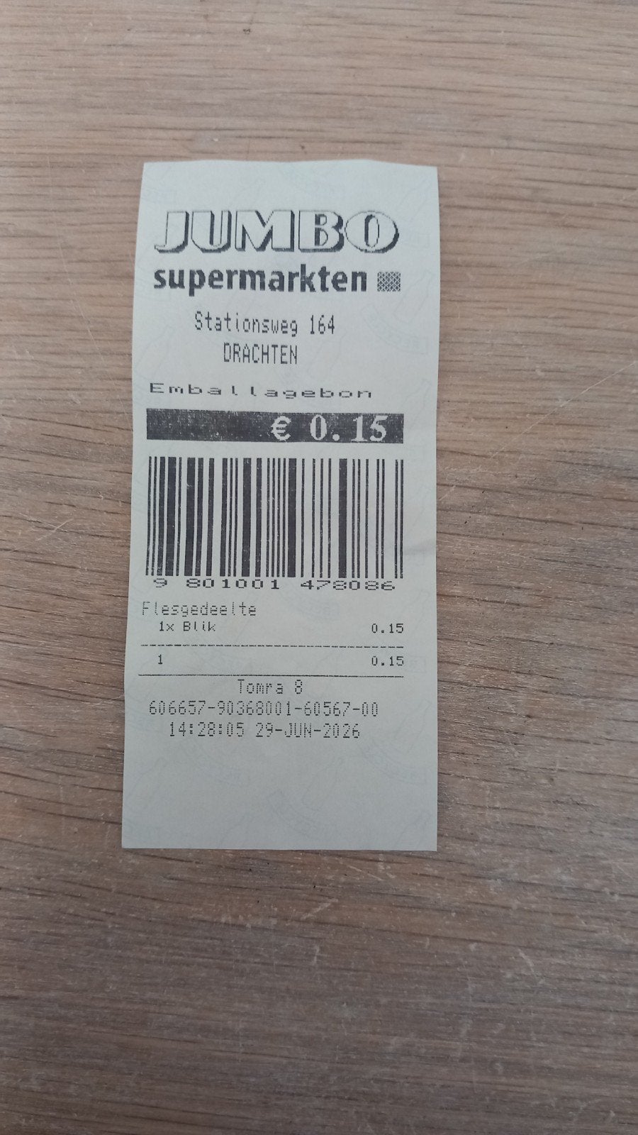 Jumbo statiegeldbon 15 cent, Ophalen of Verzenden