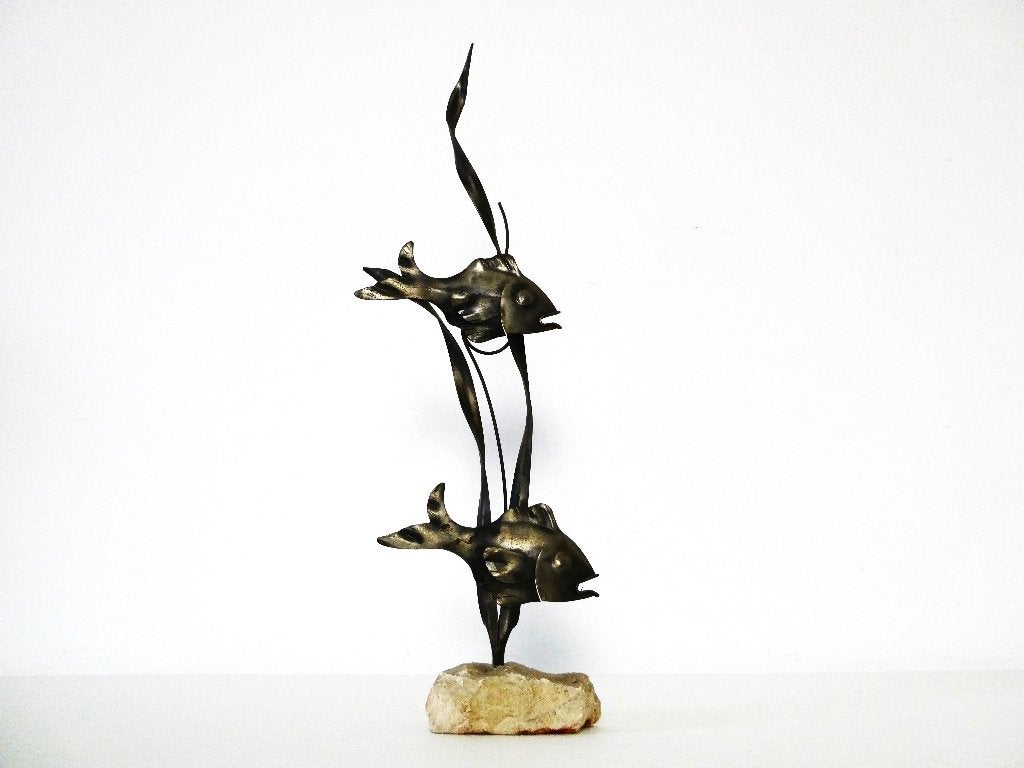 Vintage vissen decoratie vissen in het riet sculptuur beeld, Ophalen of Verzenden