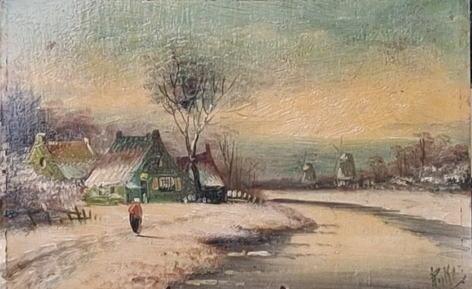 Rijke, Winters tafereel. Olie/paneel.  Ca 1900/1930. 34/24cm, Ophalen