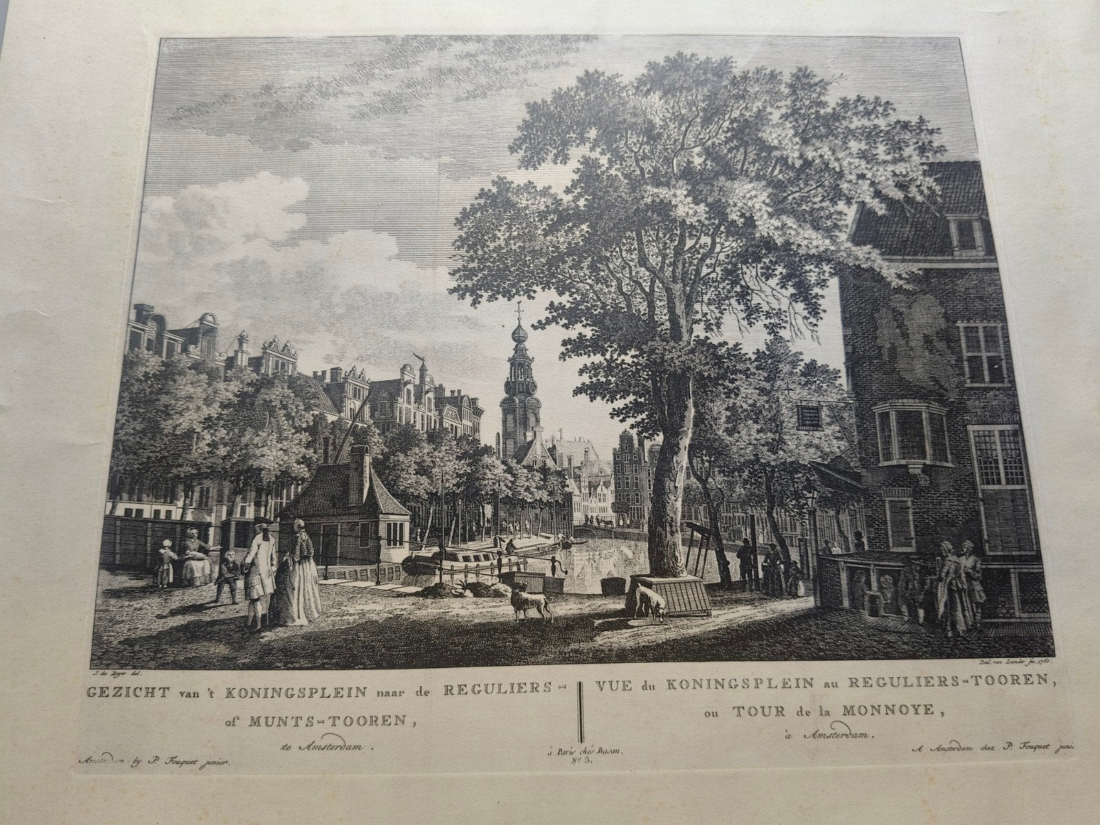 Gezicht van t Koningsplein naar de Reguliers of Munts-Tooren, Architectuur, Ophalen of Verzenden, Gravure, Gesigneerd
