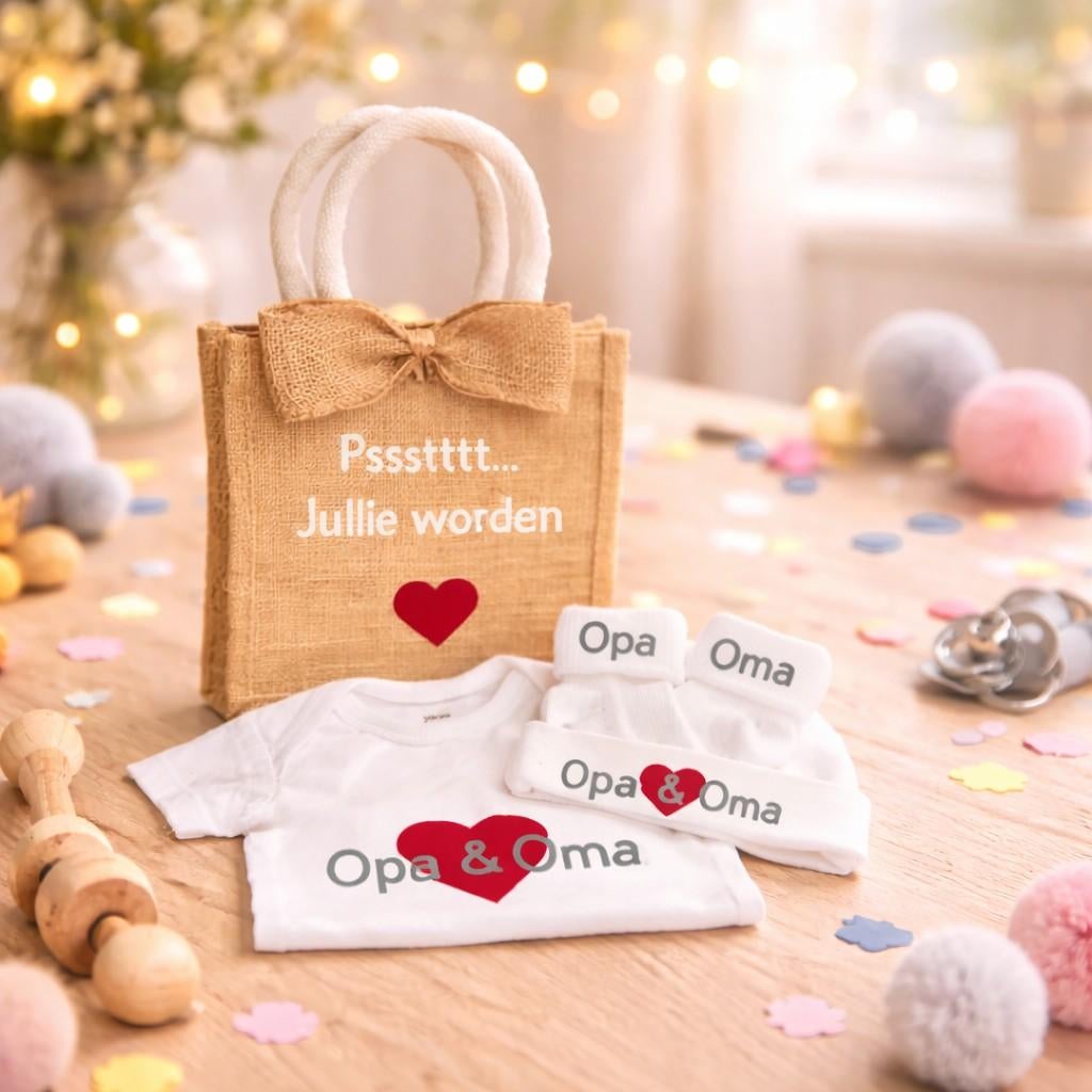 Zwangerschap aankondiging tasje met romper, mutsje en sokjes, Kinderen en Baby's, Ophalen of Verzenden, Nieuw, Kraamcadeau