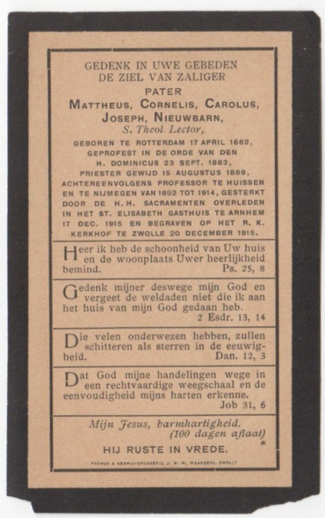 pater Mattheus Nieuwbarn 1862 Rotterdam + 1915 Arnhem, 53 jr, Ophalen of Verzenden