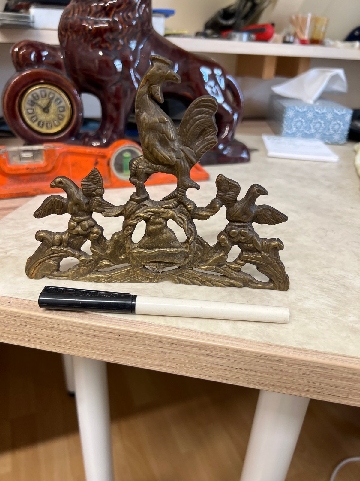 Vintage Bronzen Haan met Adelaars  klok ornament, Ophalen of Verzenden