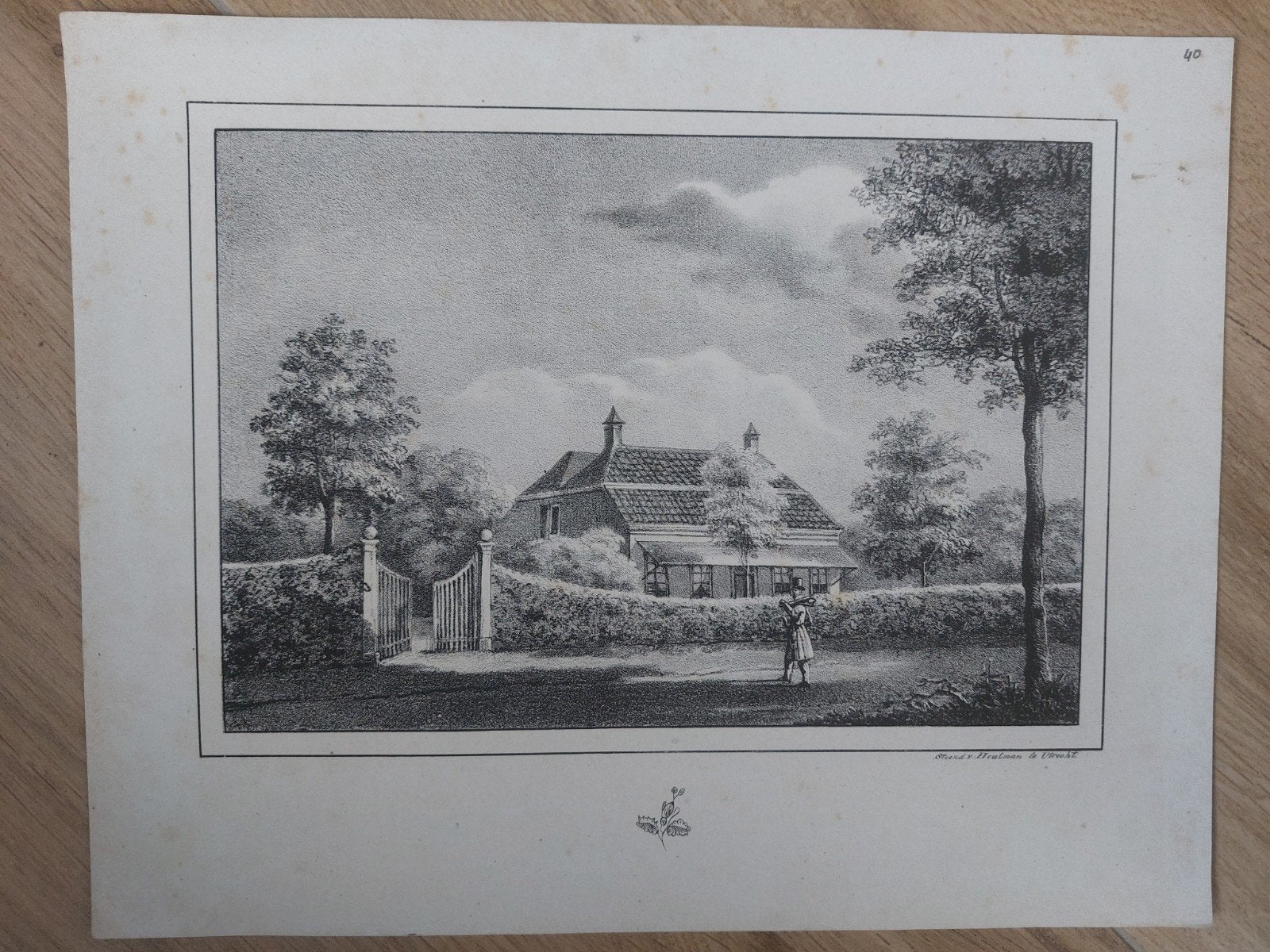 40 Buitenplaats mevr Mouwe geb. Harbers Driebergen Steendruk, Antiek en Kunst, Gesigneerd in de plaat, Ophalen of Verzenden, Landschappen