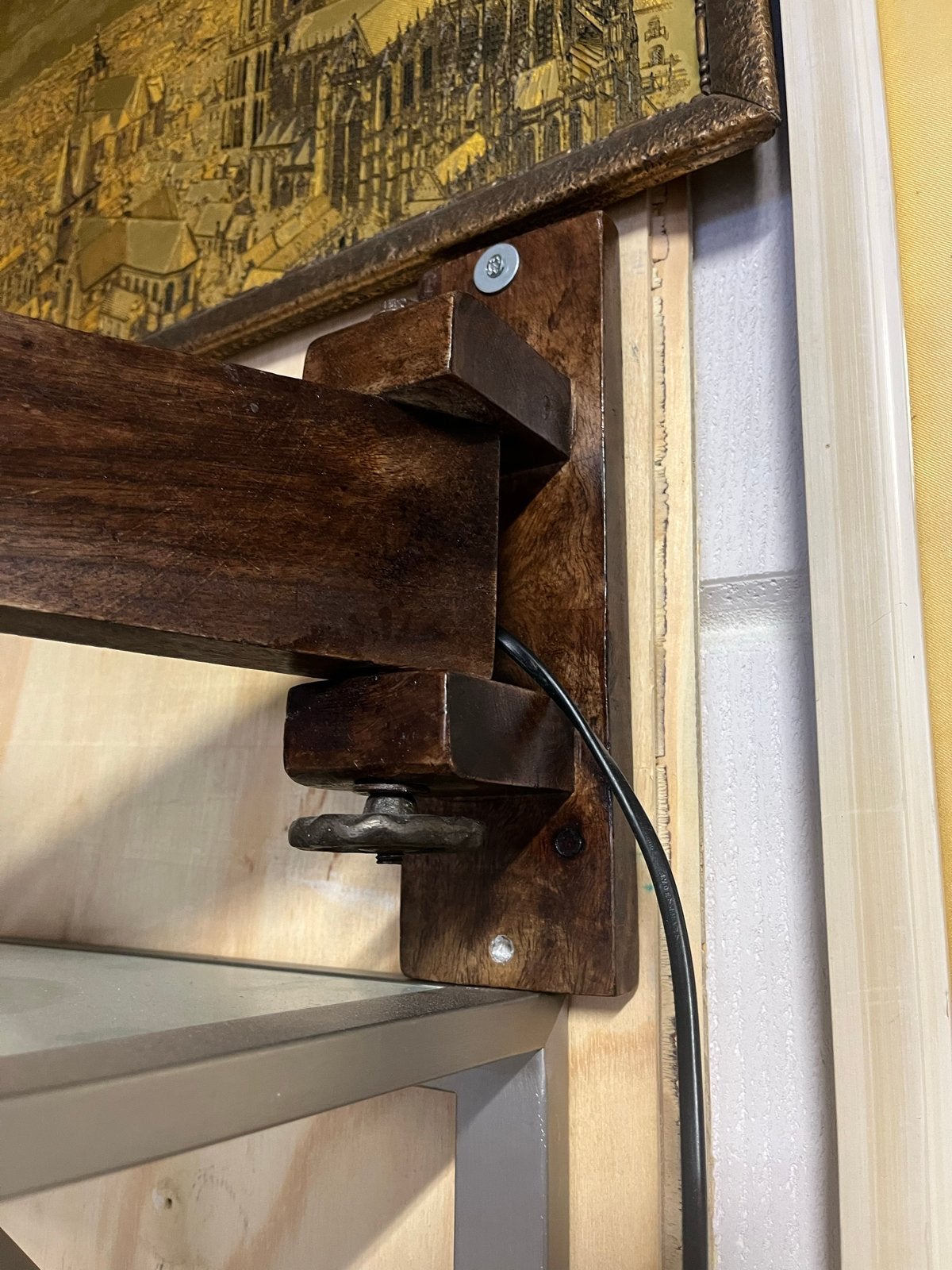 Vintage houten wandlamp met zinken kap (jaren '50/'60), Ophalen of Verzenden, Gebruikt, Hout