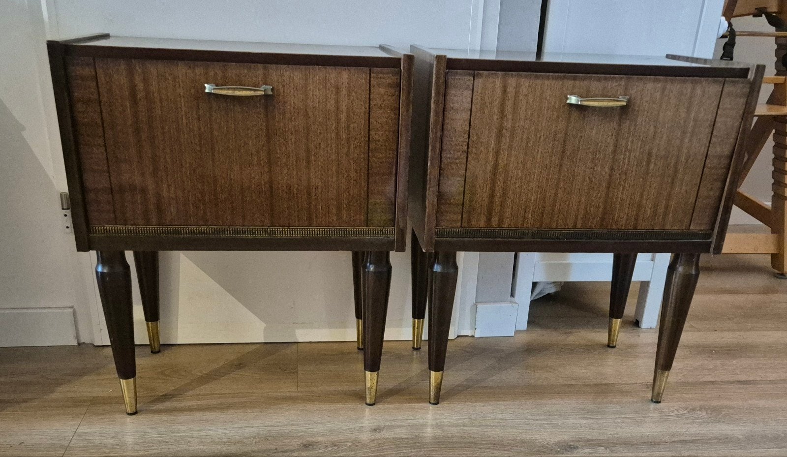 Set Vintage mid-century nachtkastjes in hoogglans mahonie, Ophalen, Gebruikt, 45 tot 65 cm, 55 tot 70 cm