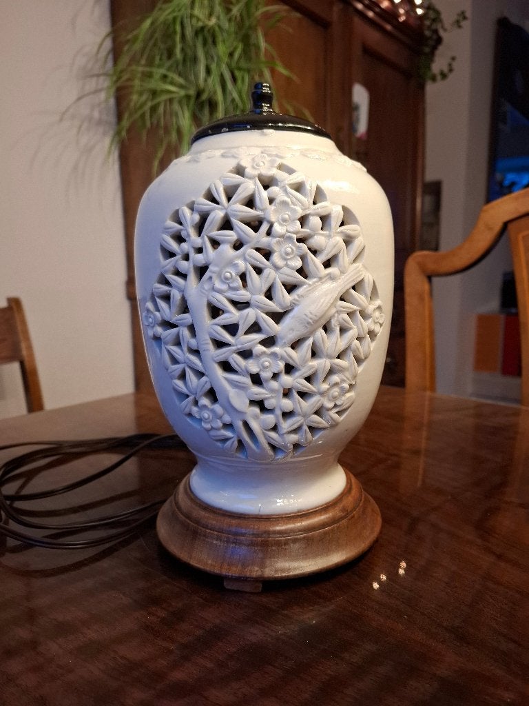 Vintage lamp porselein hout, Ophalen of Verzenden