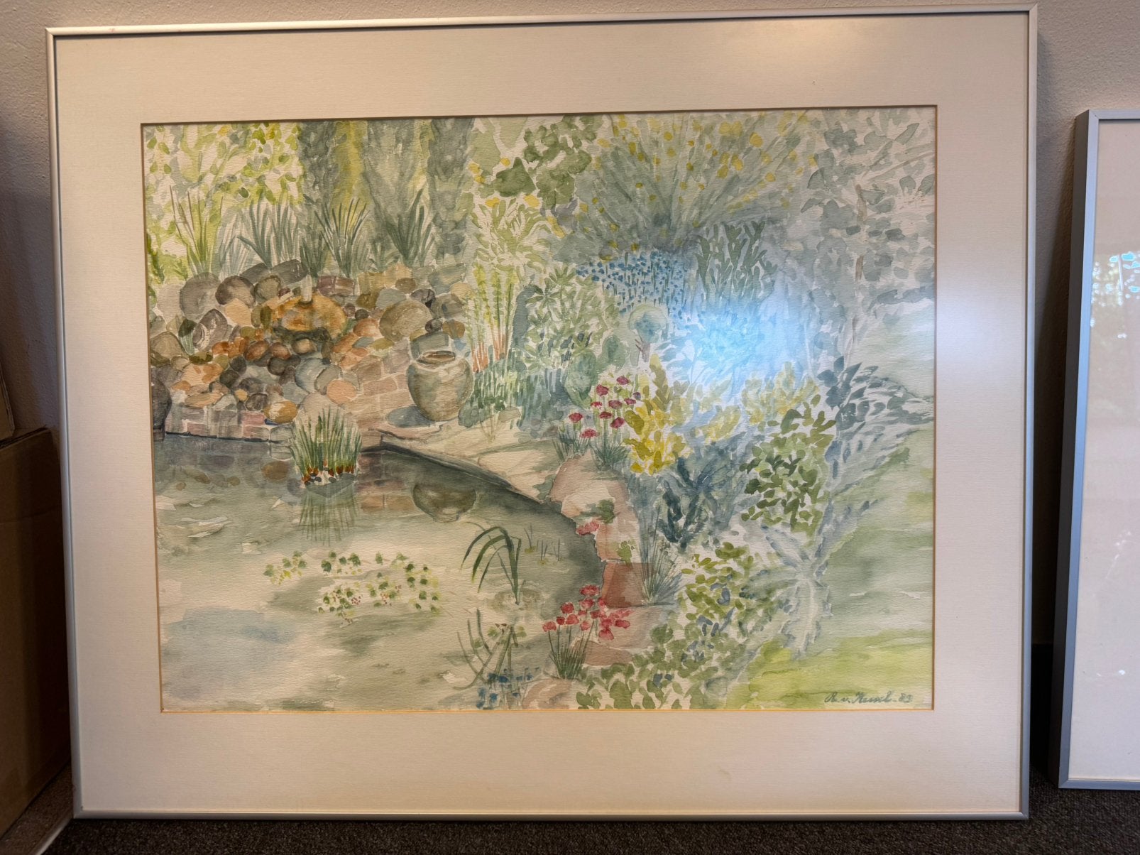 Grote gesigneerde aquarel vijver en tuin 85x70 cm, Ophalen
