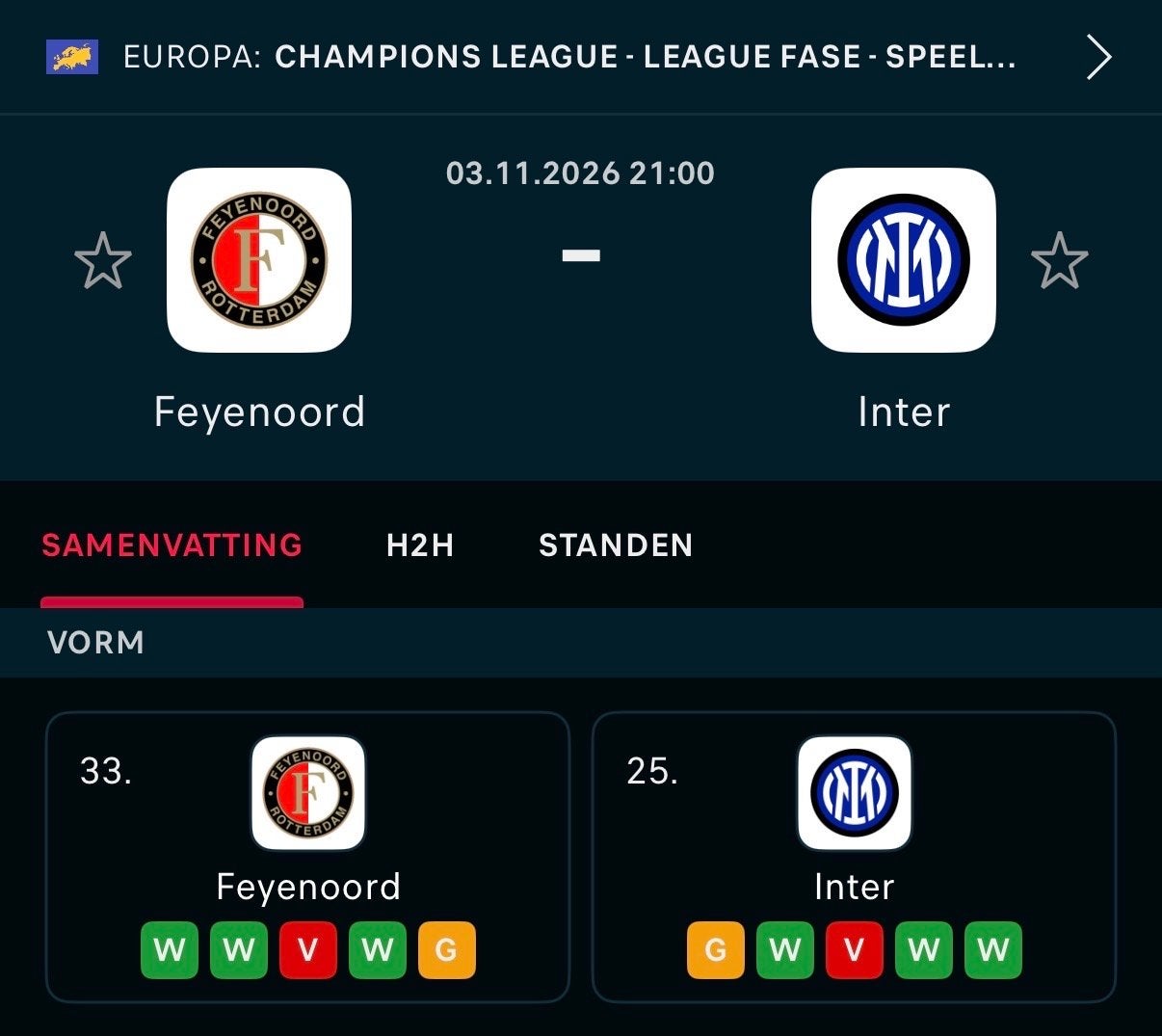 2 Kaartjes Feyenoord - Inter  3/11/2026, Tickets en Kaartjes, Losse kaart, Twee personen, November, Europa of Champions League