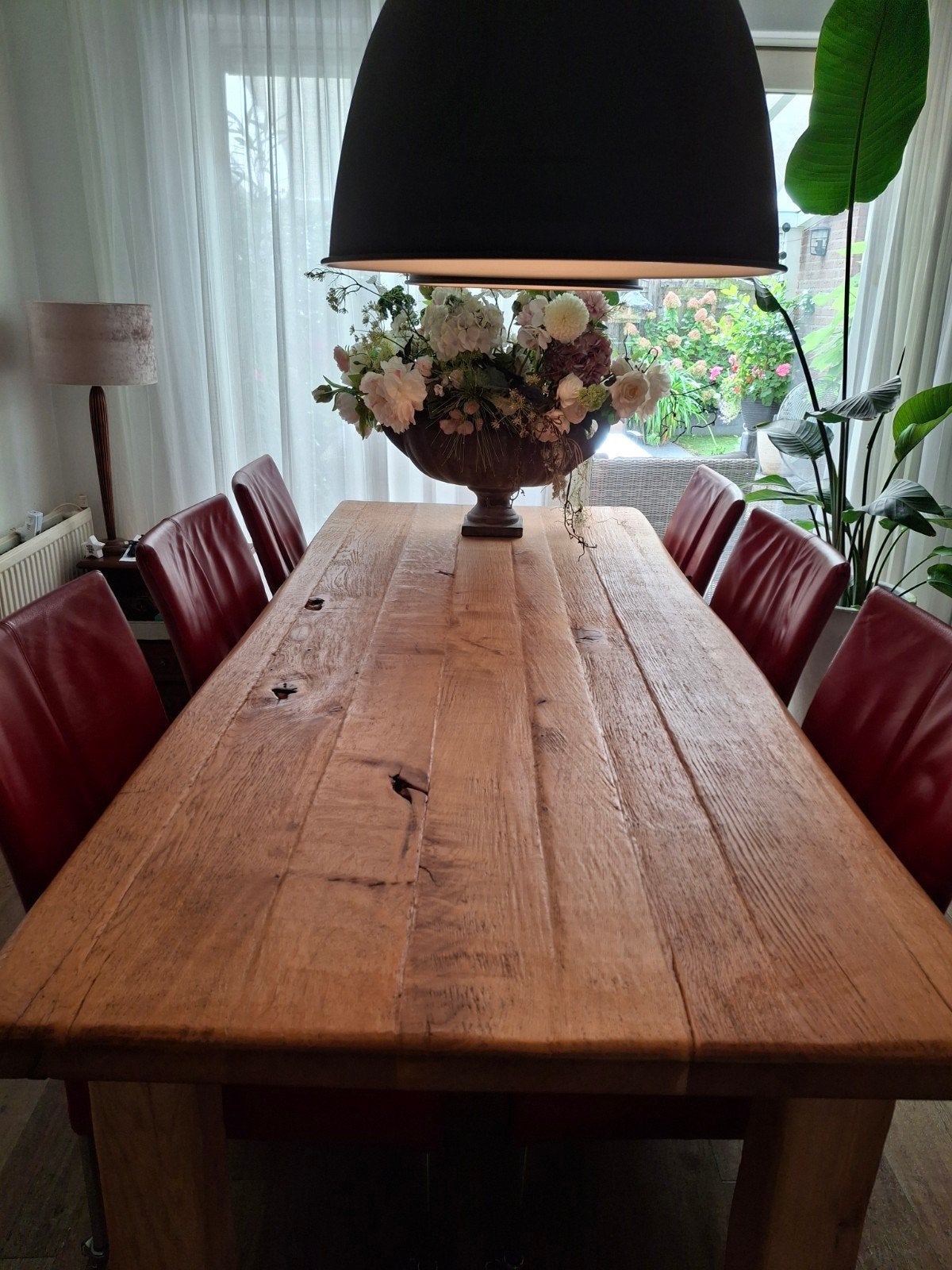 6 Rode leren eetkamerstoelen met wieltjes, Gebruikt, Ophalen of Verzenden, Modern, Vijf, Zes of meer stoelen