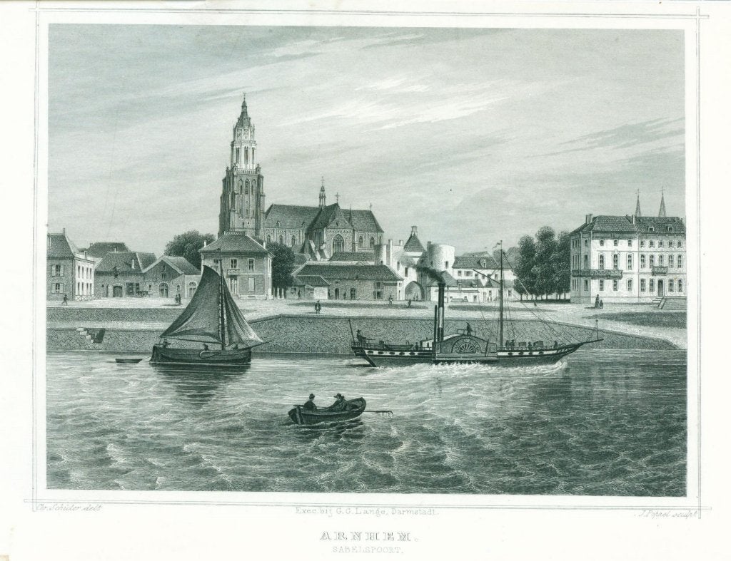 ARNHEM Sabelspoort - Terwen staalgravure 1858, Antiek en Kunst, Ophalen of Verzenden, Stadsgezicht, Gravure, 1800 - 1899