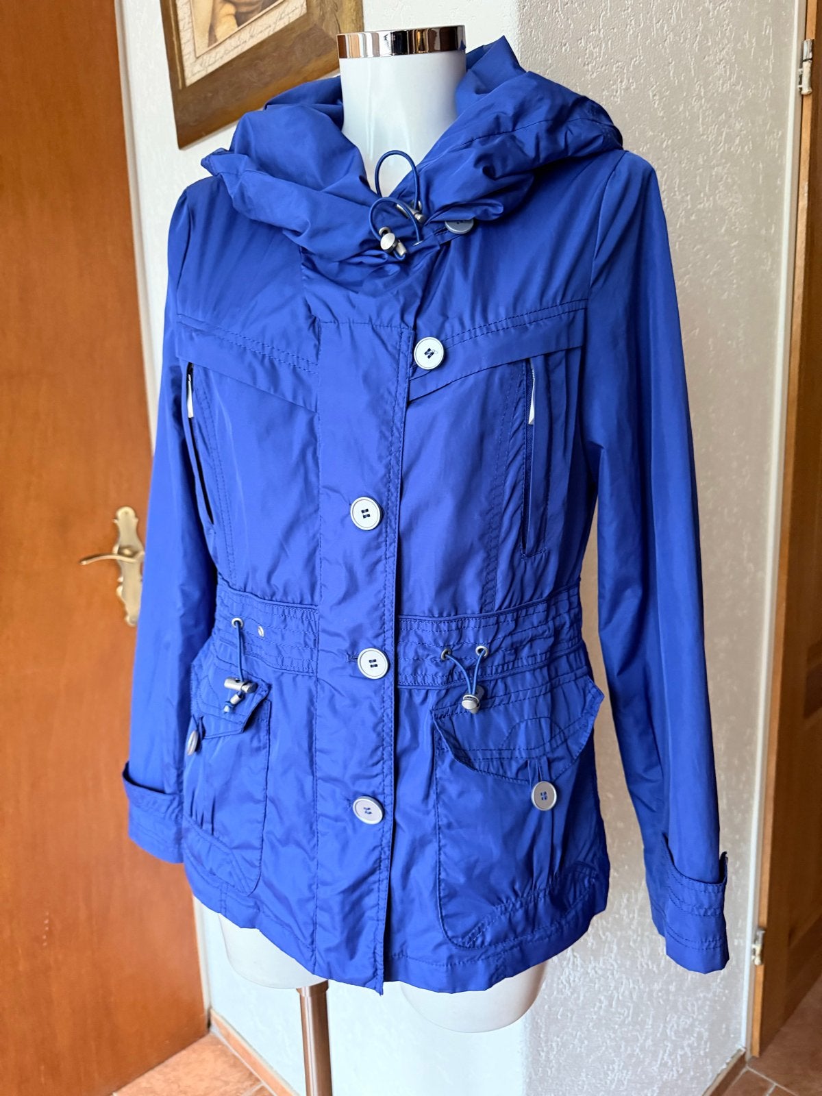 Miss Etam blauwe jas met capuchon, maat M, Ophalen of Verzenden, Zo goed als nieuw, Maat 38/40 (M), Blauw