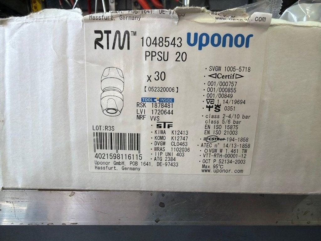 25x Uponor RTM koppeling PPSU 20x20 mm - 1048543, Ophalen of Verzenden, Nieuw, Koper, Overige typen