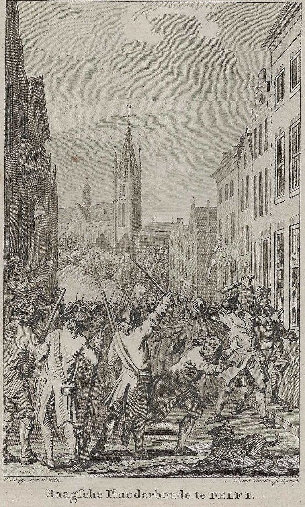 Haagsche Plunderbende te DELFT Kopergravure  Vinkeles 1796, Ophalen of Verzenden, 15 cm, 9 cm, 1700 - 1799