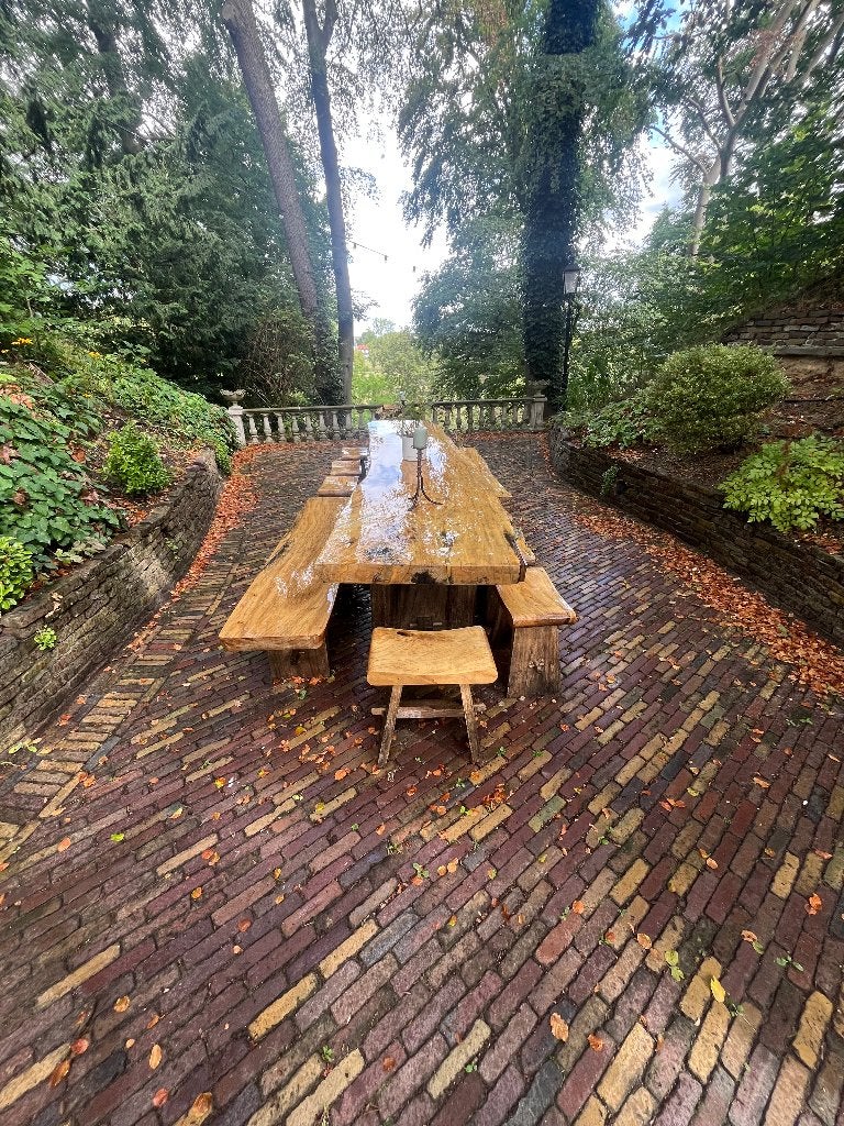 Unieke massief houten tuintafel 4 meter + banken – XXL, Ophalen, Gebruikt, Rechthoekig, Hout