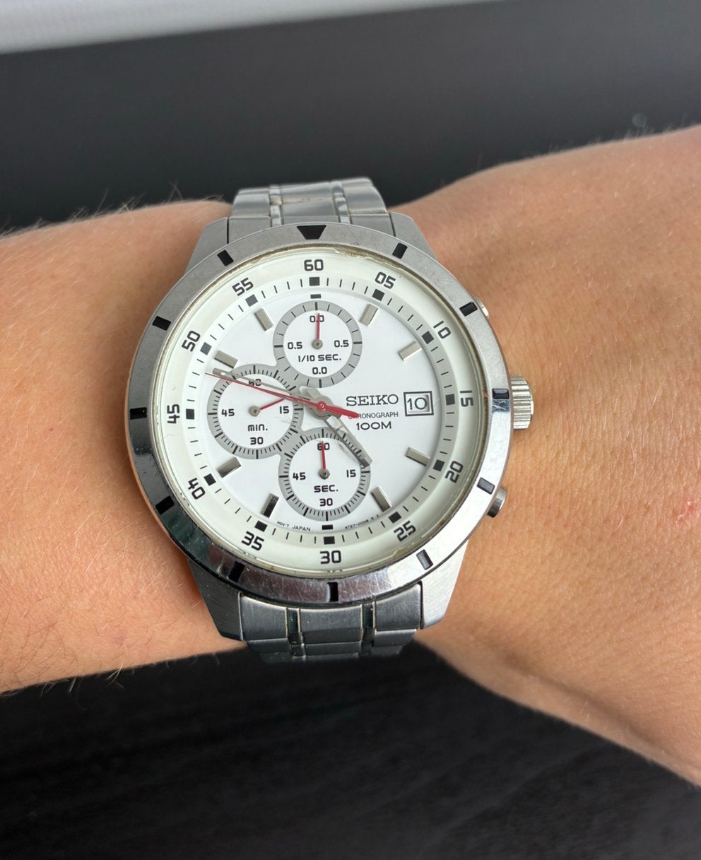 Seiko Chronograph herenhorloge 4T57-00H0 staal wit 100M, Zwart, IOS, Ophalen of Verzenden, Zo goed als nieuw