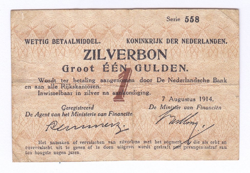 1 gulden 1914 Zilverbon voor 95 euro, Postzegels en Munten, Bankbiljetten | Nederland, Ophalen of Verzenden, 1 gulden, Los biljet