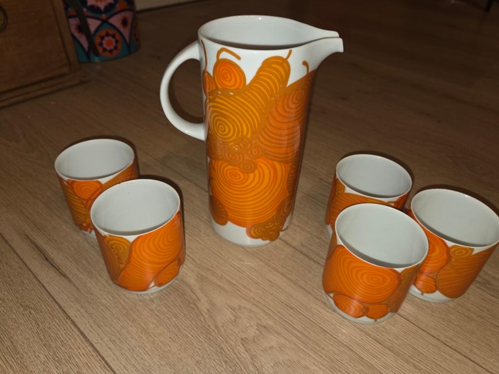 Vintage Oranje Sapkan en Glazen Set - Jaren '70 Design, Ophalen of Verzenden