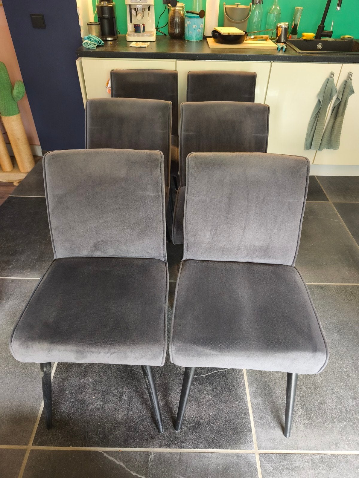 Eetkamerstoelen Woood Grijs Fluweel, Ophalen, Gebruikt, Grijs, Vijf, Zes of meer stoelen