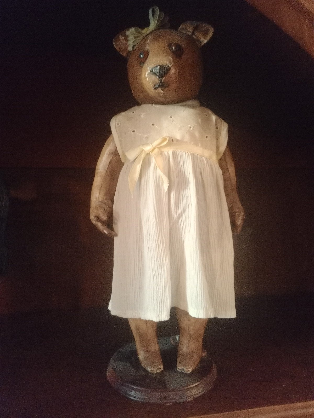 Antieke Teddybeer Pop in Jurk - Uniek Verzamelobject, Ophalen of Verzenden, Gebruikt, Pop
