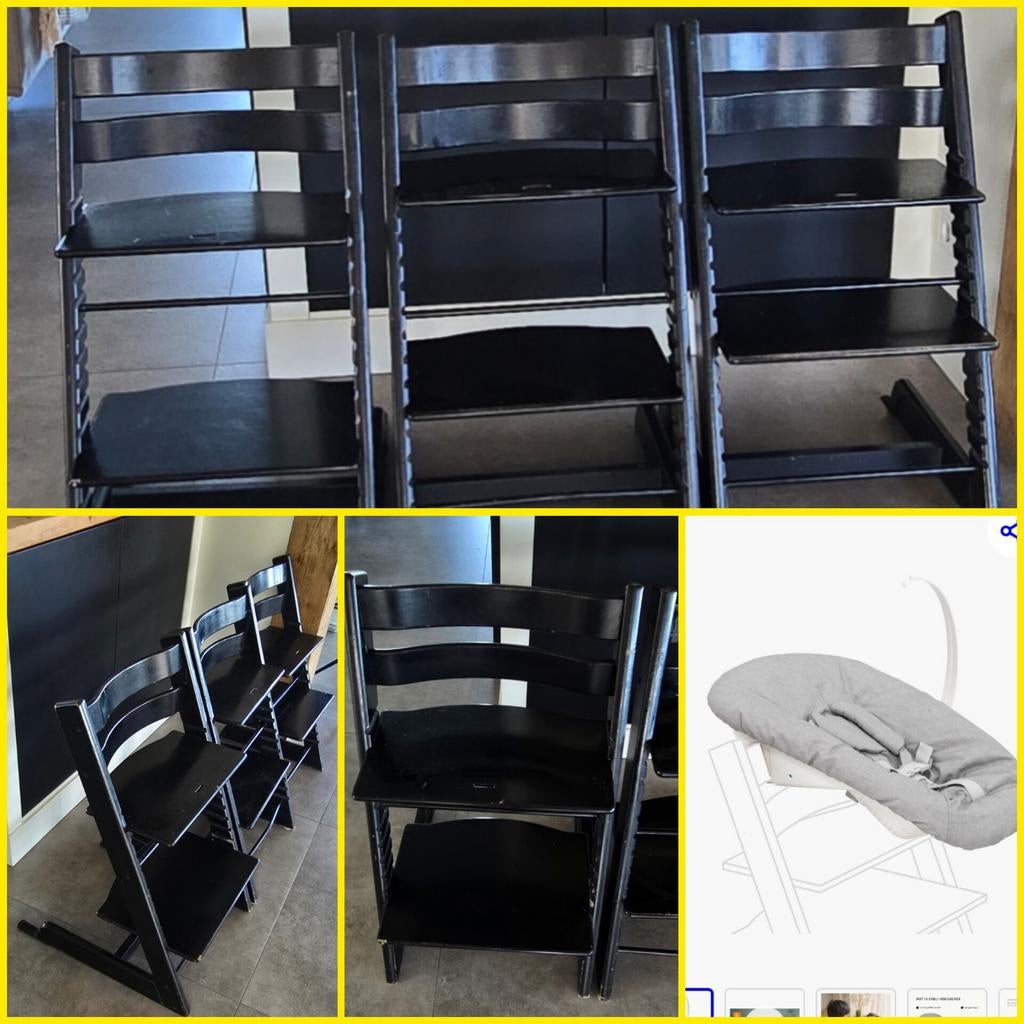3 zwarte Stokke kinderstoelen met 1 newbornset, Kinderen en Baby's, Kinderstoelen, Ophalen, Gebruikt, Meegroeistoel