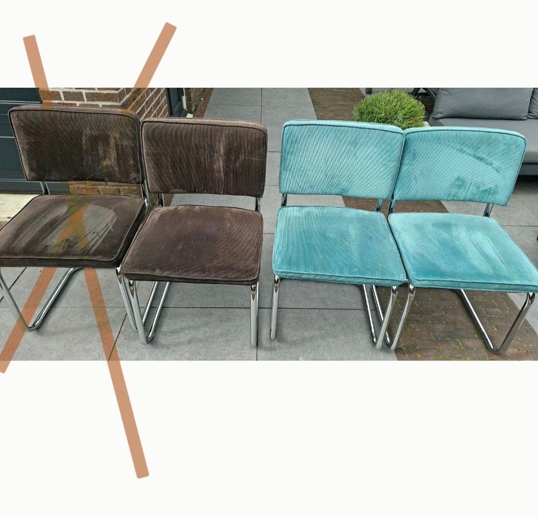 3 vintage stoelen blauw en bruin ribfluweel, Huis en Inrichting, Gebruikt, Drie, Blauw, Stof