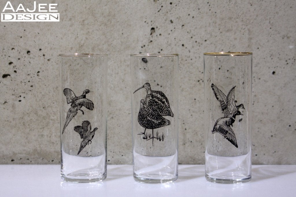 3 Vintage longdrinkglazen - Jachttafereel - WATERSNIPJACHT!, Ophalen of Verzenden, Zo goed als nieuw, Overige typen