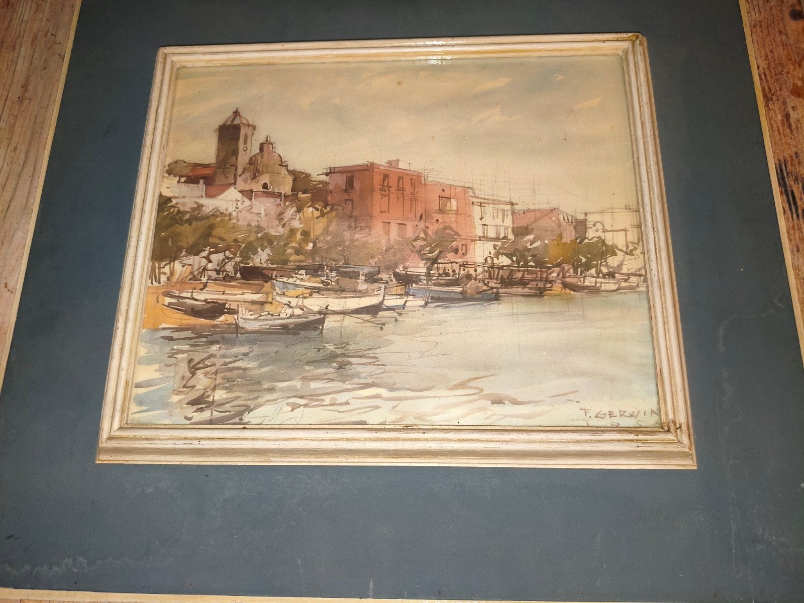 Franz Gerwin 1957 aquarel achter glas.Gesigneerd., Antiek en Kunst, Kunst | Schilderijen | Klassiek, Ophalen of Verzenden