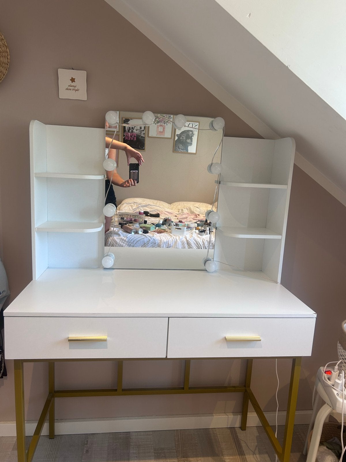 Witte kaptafel met spiegel en verlichting, Ophalen, Gebruikt, 100 tot 150 cm, 50 tot 100 cm