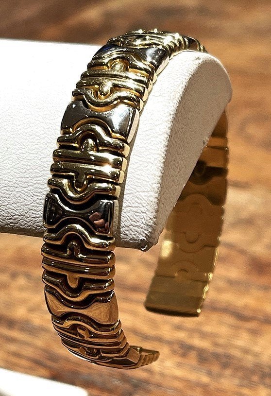 Fraaie Bicolor Gouden Slavenarmband Bulgari Style 18 KRT, Sieraden, Tassen en Uiterlijk, Ophalen of Verzenden, Zo goed als nieuw