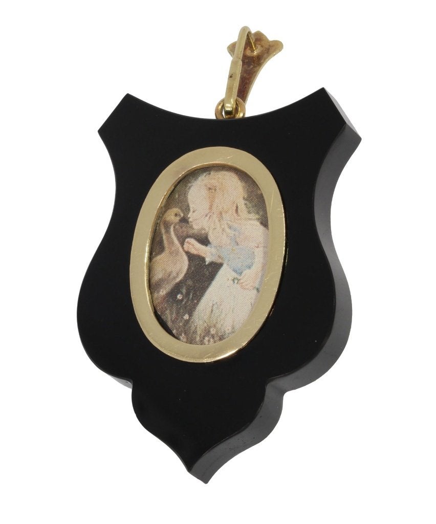 Onyx bloem vaas 14k grote schild hanger ketting goud antiek, Sieraden, Tassen en Uiterlijk, Verzenden, Goud, Hanger, Met edelsteen