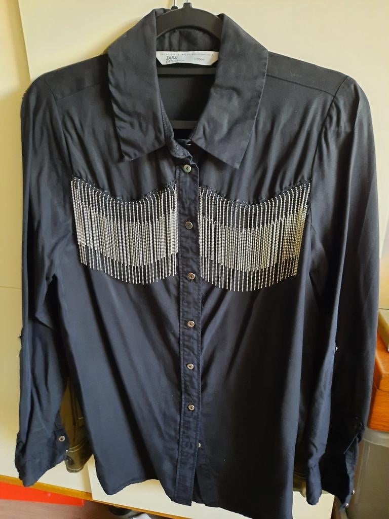 Zara blouse met franjes en strass - Zwart XS, Ophalen of Verzenden, Zo goed als nieuw, Maat 34 (XS) of kleiner, Zara