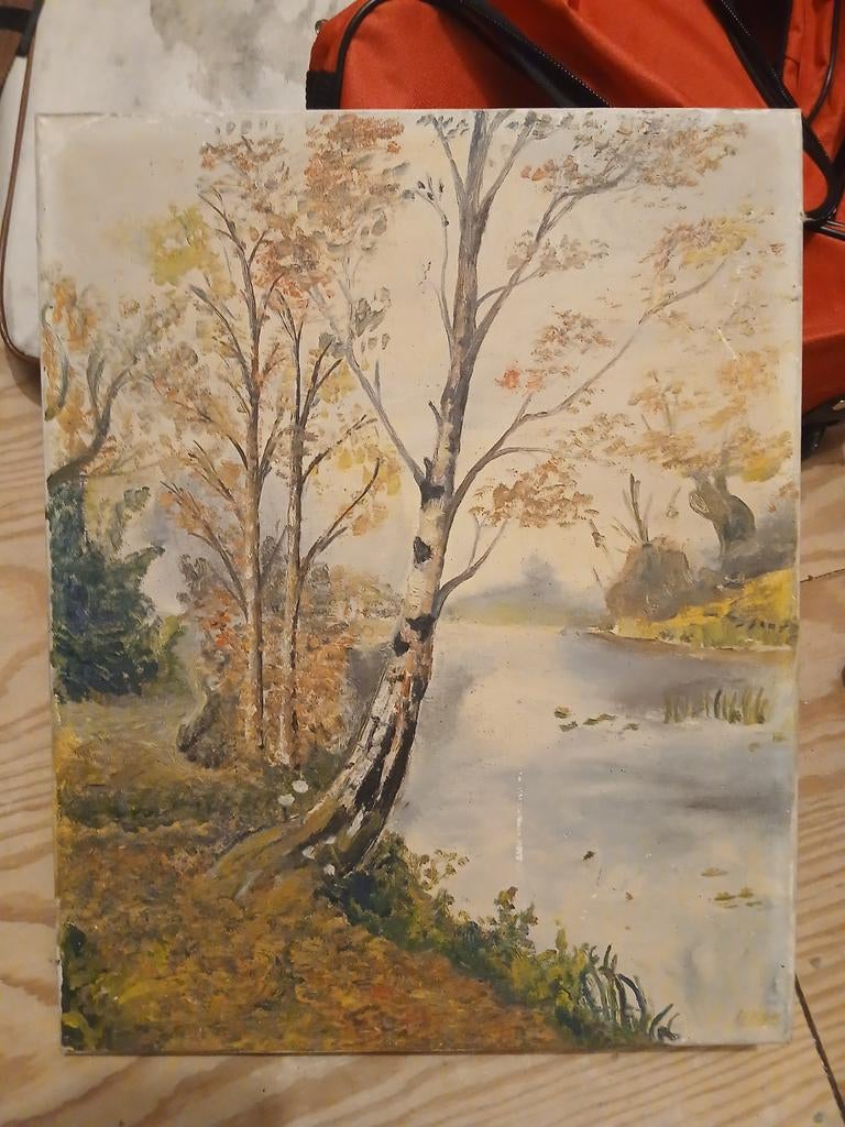Schilderij Herfstlandschap aan het water gesigneerd, Antiek en Kunst, Kunst | Schilderijen | Klassiek, Ophalen of Verzenden