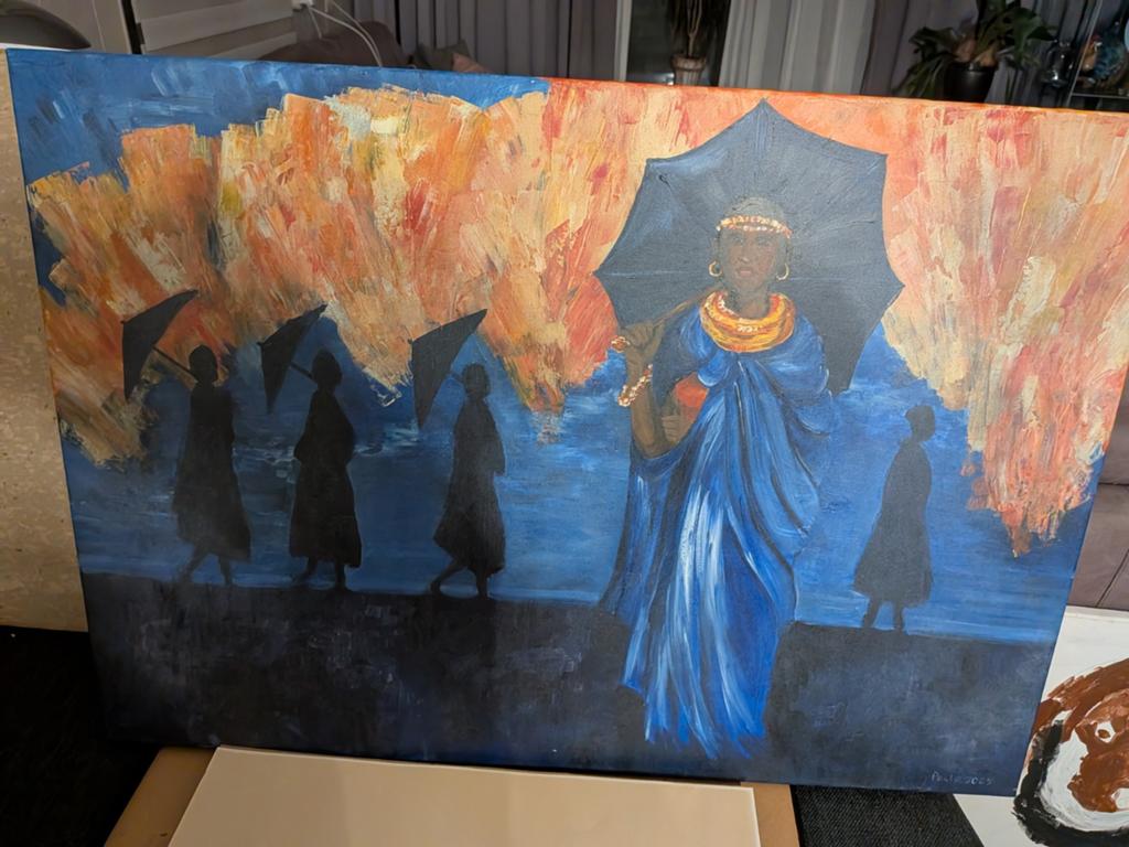 Schilderij: Afrikaanse Vrouw met Paraplu en Silhouetten, Ophalen of Verzenden
