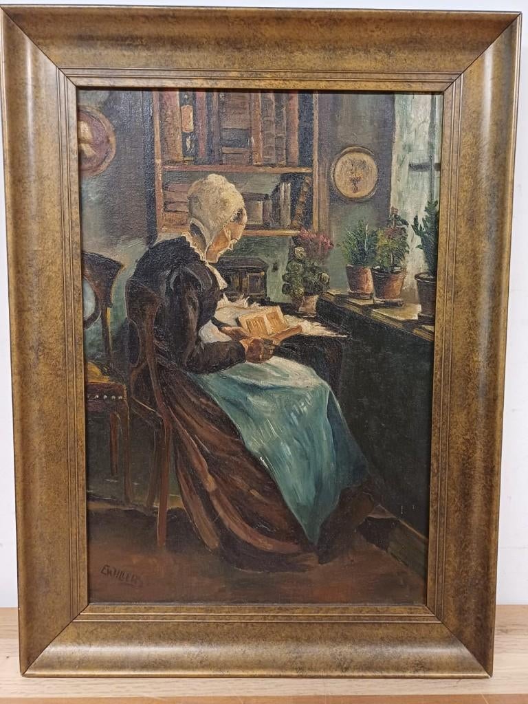 Schilderij Vrouw met Boek door E. Willers, Antiek en Kunst, Kunst | Schilderijen | Klassiek, Ophalen of Verzenden