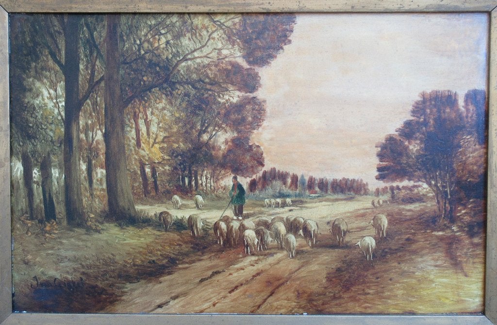 J. van Ginkel: Schaapherder met kudde; olieverf op tegel, Antiek en Kunst, Overige ondergronden, Dieren, Ophalen of Verzenden
