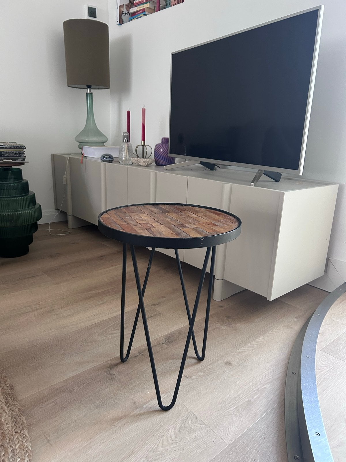 Twee WOOOD Lev Bijzettafels - Teakhout & Metaal, Ophalen, Minder dan 45 cm, Minder dan 55 cm, Rond