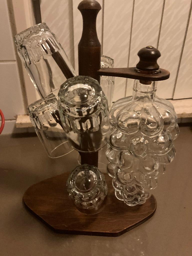 Vintage  glazen druiventros karaf en glazenhouder, Ophalen